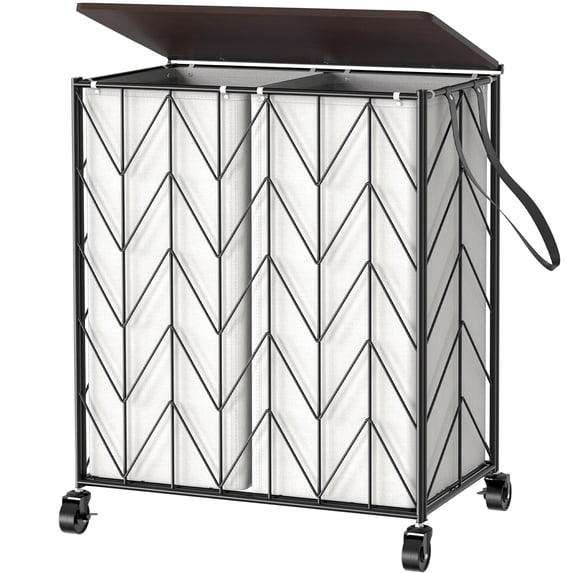 Laundry Basket with Wheels, Heavy Duty Laundry Hamper with Wood Lid, Clothes Hamper with Divided Removable Liner Bag, Large Capacity Iron-Made Laundry Sorter Laundry Room Organization (Beige)