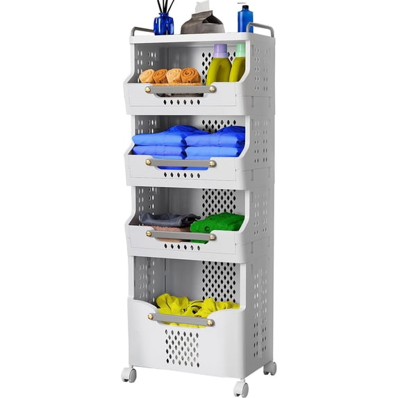 Laundry Basket with Wheels,Rolling Folding Laundry Hamper,utility cart,Kitchen storage Cart,Stackable Storage Bins Open Front,Dirty Clothes Hamper,Plastic laundry room organization