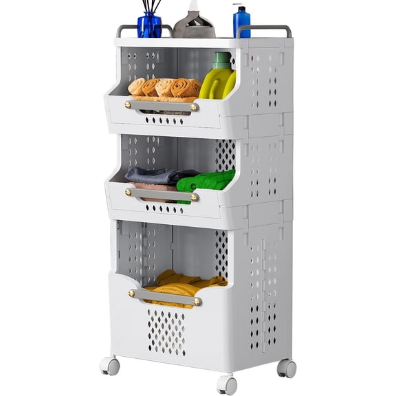 Laundry Basket with Wheels,Rolling Folding Laundry Hamper,utility cart,Kitchen storage Cart,Stackable Storage Bins Open Front,Dirty Clothes Hamper,Plastic laundry room organization