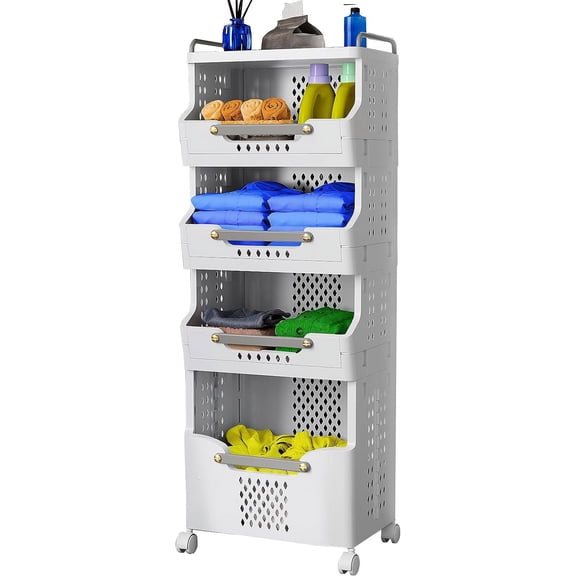 Laundry Basket with Wheels,Rolling Folding Laundry Hamper,utility cart,Kitchen storage Cart,Stackable Storage Bins Open Front,Dirty Clothes Hamper,Plastic laundry room organization