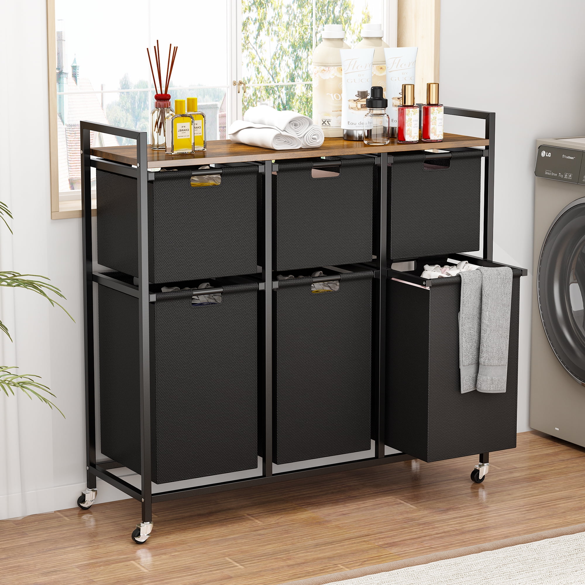 Laundry Basket with Wheels, Rolling Laundry Hamper Organizer with Large Desktop, Laundry Sorter with 6 Pull-Out and Removable Laundry Bags, Metal Frame, Rustic Brown and Black