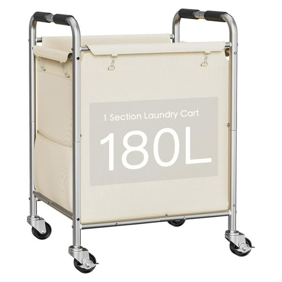 Laundry Basket with Wheels, Rolling Laundry Sorter Cart with Side pockets,47.6GAL(180L) Rolling Laundry Hamper with Removable Bag and Handle for Bedroom, Beige 1 Section180L