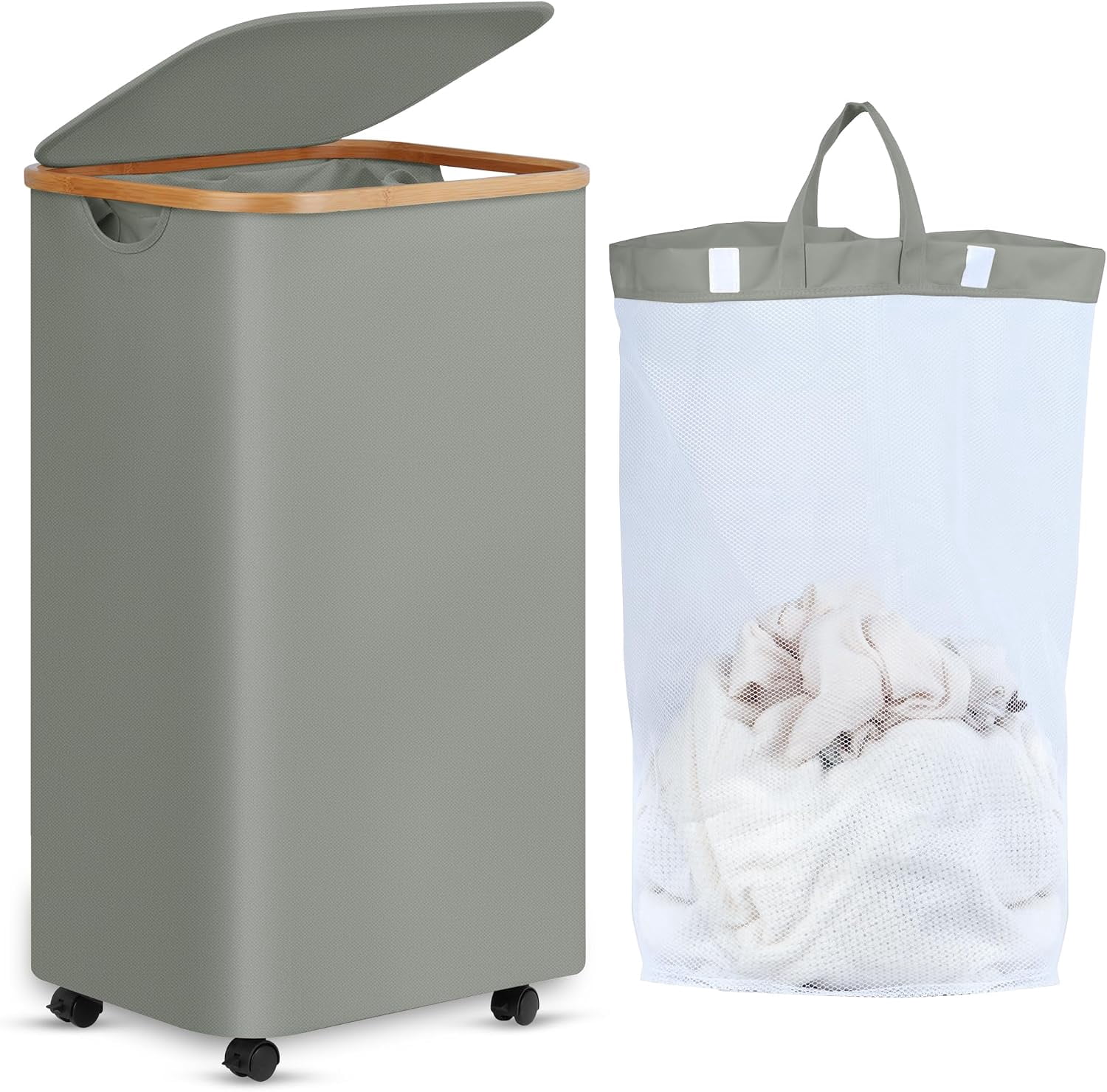 Laundry Basket with Wheels, Tall Rolling Laundry Hamper with Lid and ...