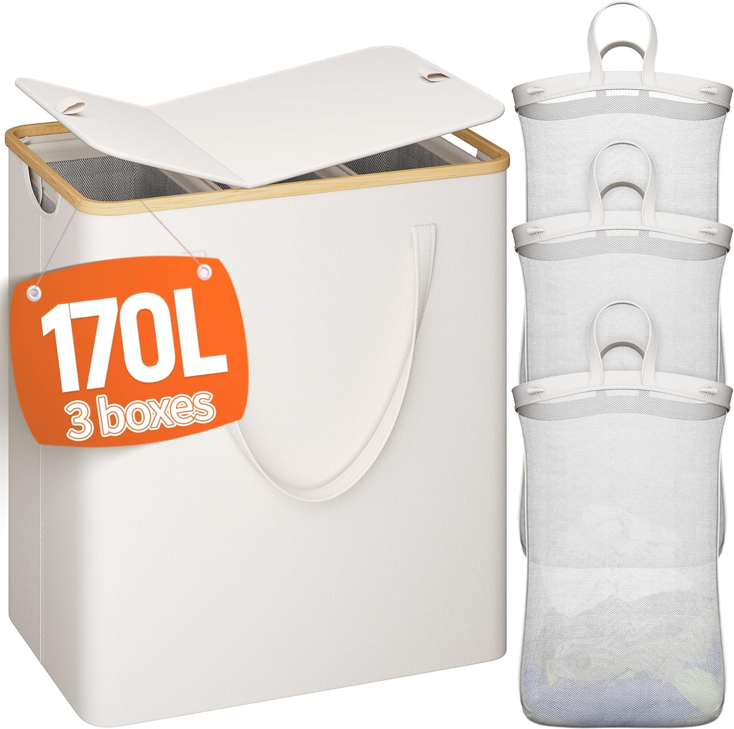 Laundry Basket With Lid, 170L Laundry Hamper With Lid Dirty, Laundry Hamper 3 Section Divided