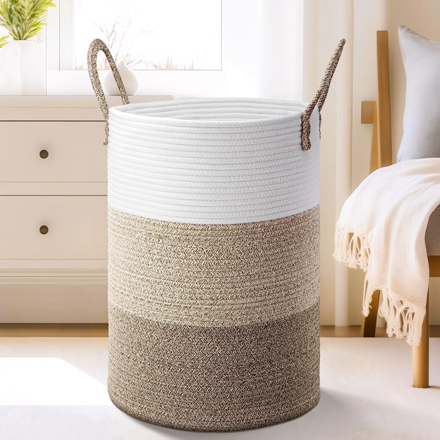 Brown and White Cotton Rope Collapsible Laundry Hamper with Handles