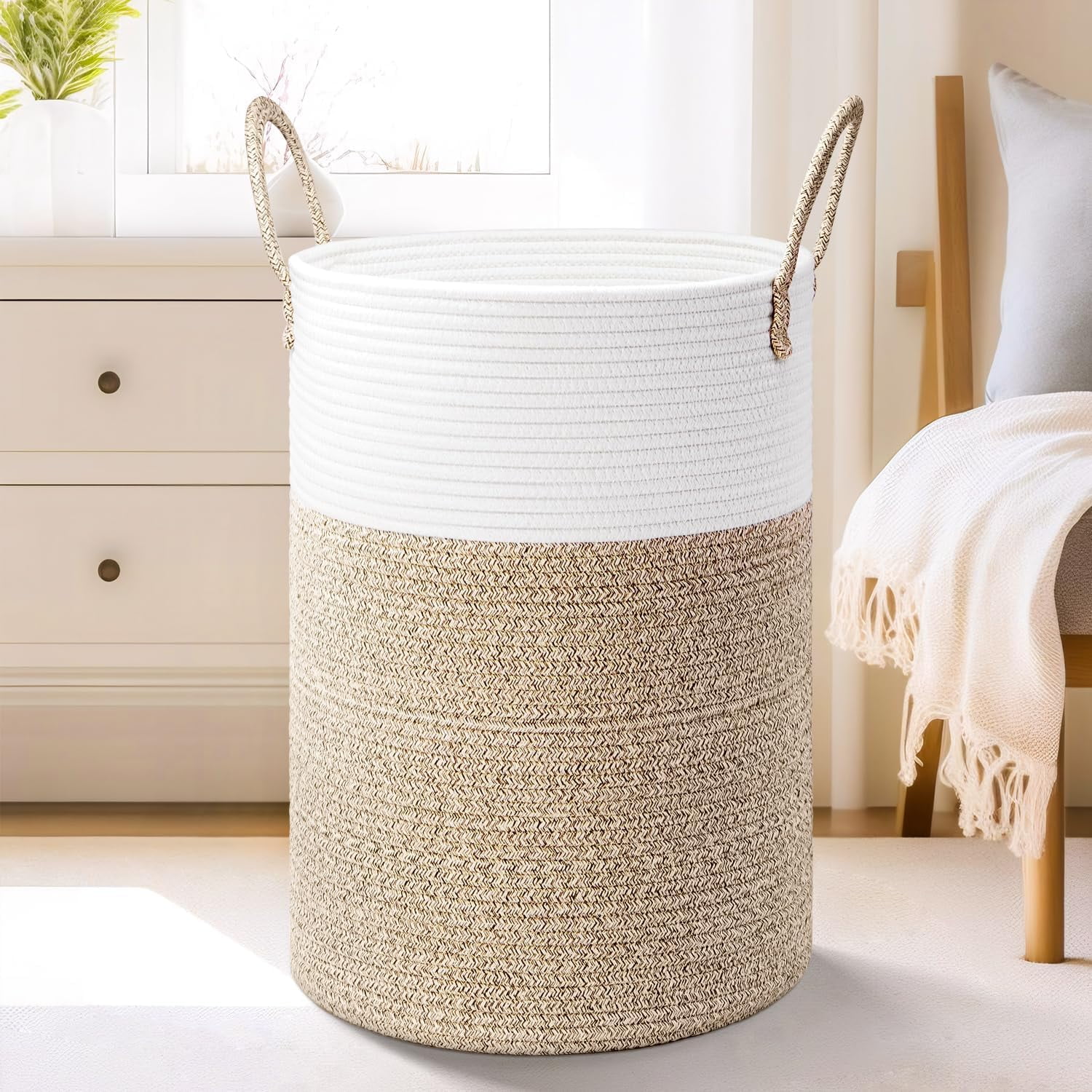 Brown and White Cotton Rope Collapsible Laundry Hamper with Handles