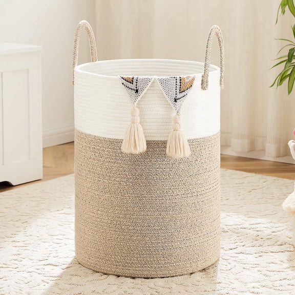 Laundry Basket, Woven Cotton Rope Laundry Hamper, Decor Storage of Dirty Clothes, Toys and Blankets in Bathroom, Baby Room and Living Room