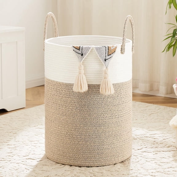 Laundry Basket, Woven Cotton Rope Laundry Hamper, Decor Storage of Dirty Clothes, Toys and Blankets in Bathroom, Baby Room and Living Room