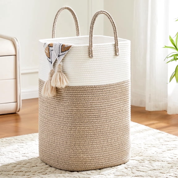 Laundry Basket, Woven Cotton Rope Laundry Hamper, Versatile Storage for Dirty Clothes, Baby Toys, and Blankets in Bathroom, Nursery, and Living Room