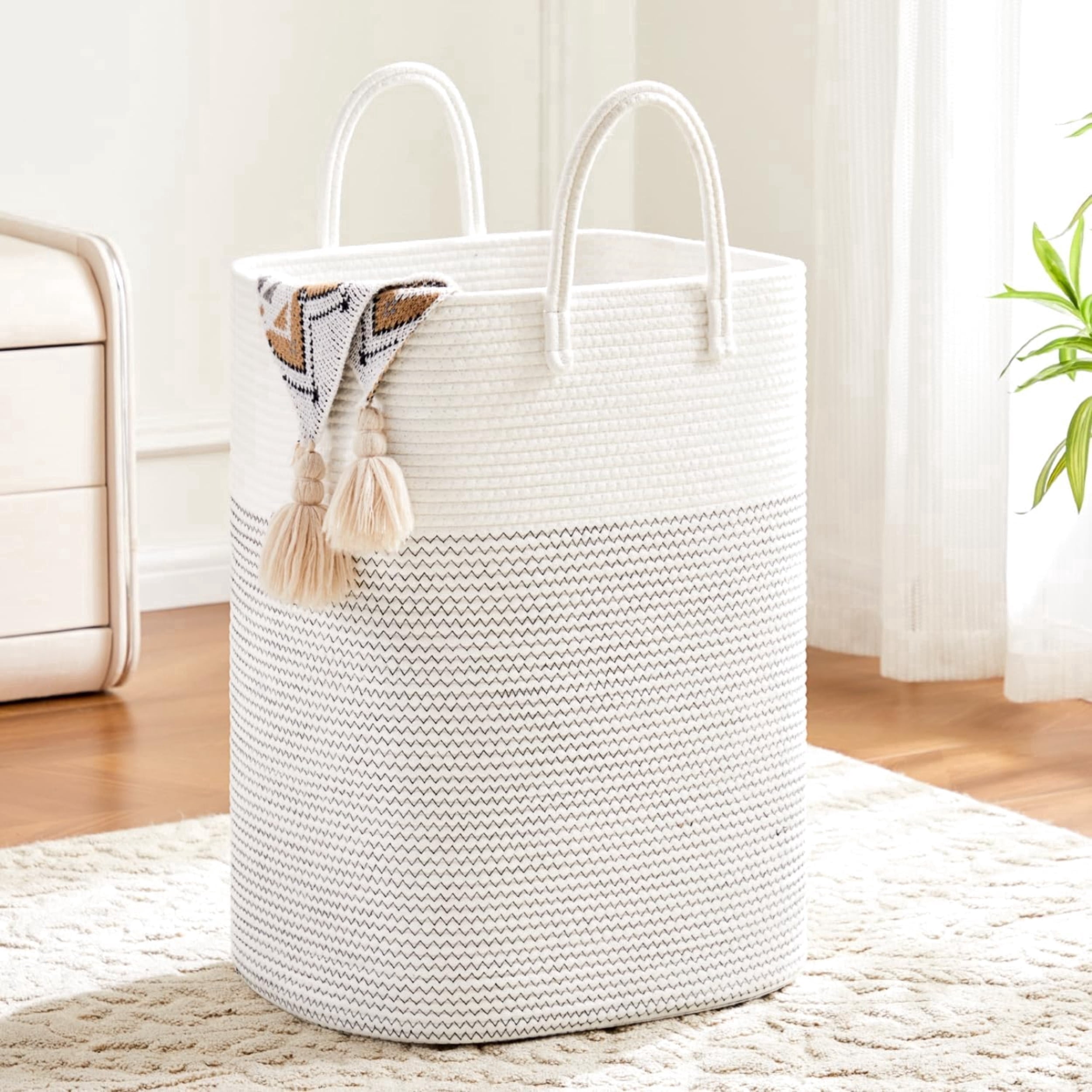 Laundry Basket, Woven Cotton Rope Laundry Hamper, Versatile Storage for Dirty Clothes, Baby Toys, and Blankets in Bathroom, Nursery, and Living Room