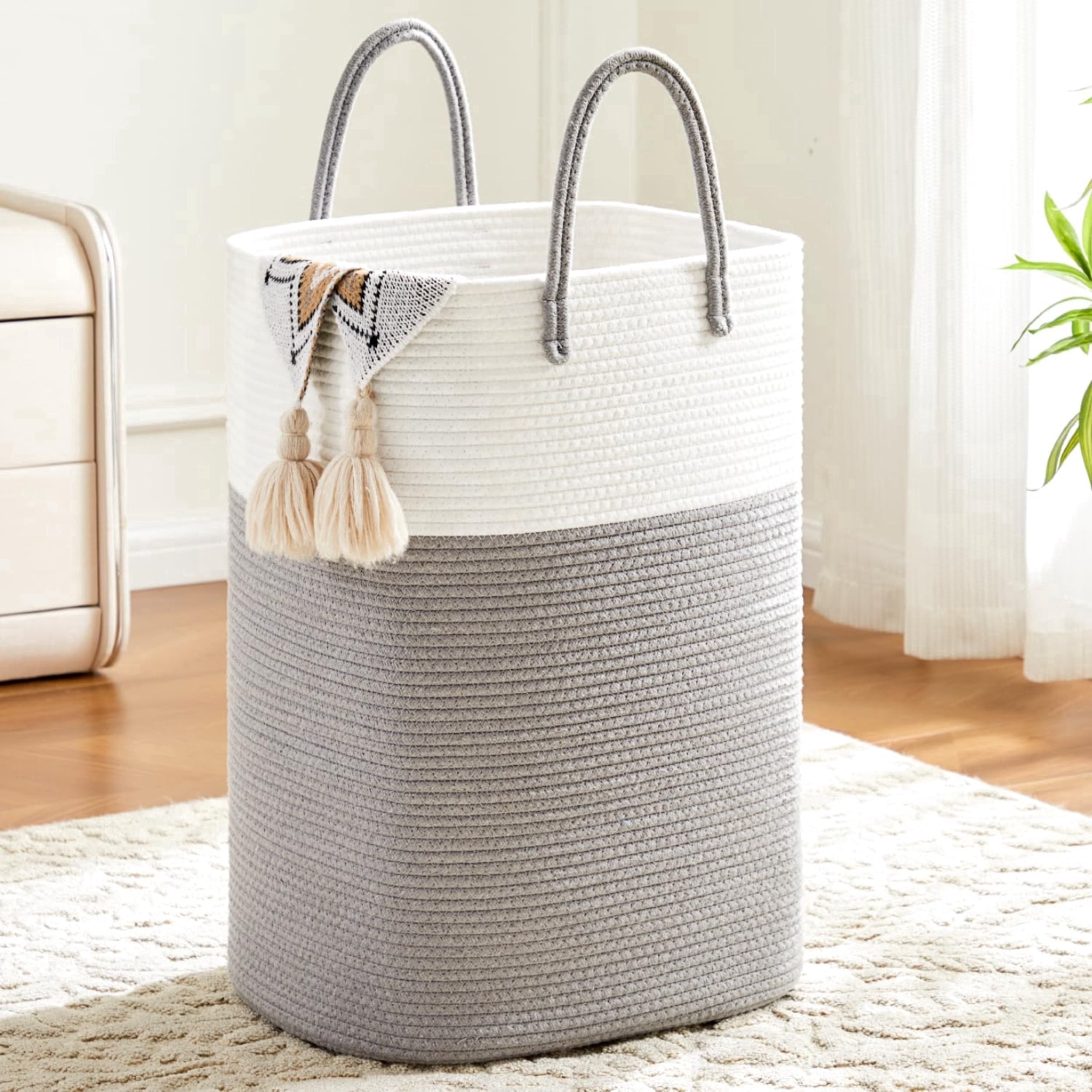 Laundry Basket, Woven Cotton Rope Laundry Hamper, Versatile Storage for Dirty Clothes, Baby Toys, and Blankets in Bathroom, Nursery, and Living Room