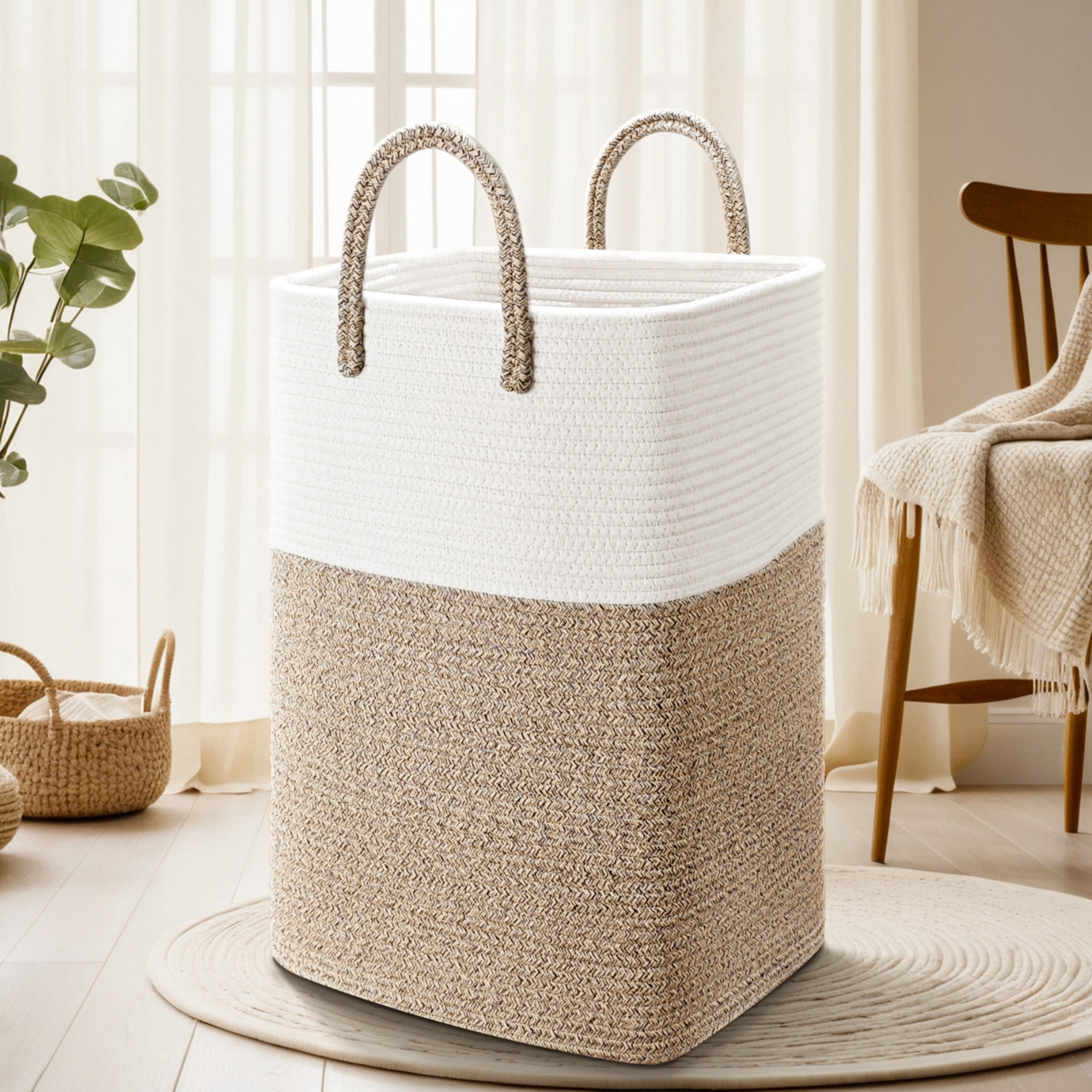 Laundry Basket, Woven Cotton Rope Laundry Hamper, Versatile Storage for Dirty Clothes, Baby Toys, and Blankets in Bathroom, Nursery, and Living Room
