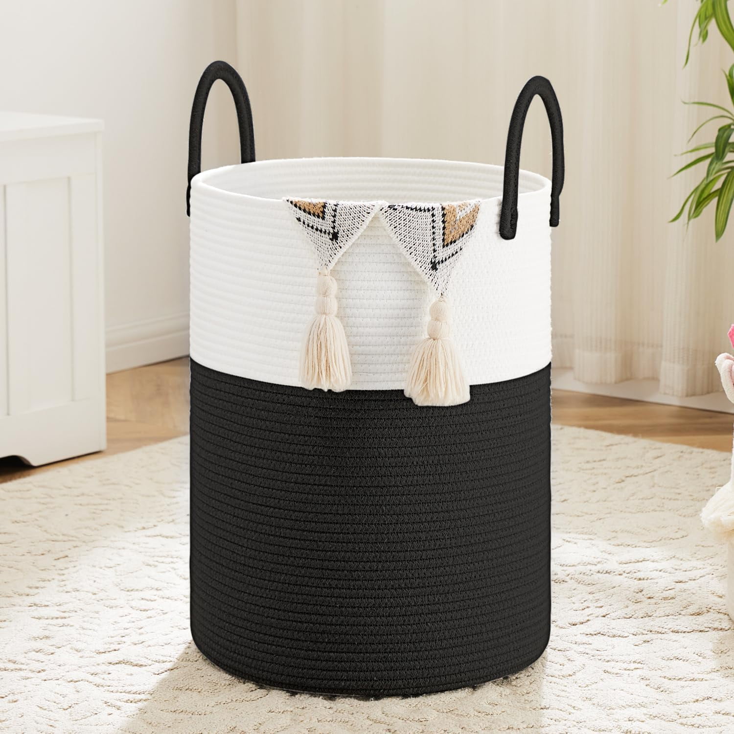 Laundry Basket, Woven Cotton Rope Laundry Hamper for Decor Storage of Dirty ClothesToys and Blankets in Bathroom, Baby Room and Living Room