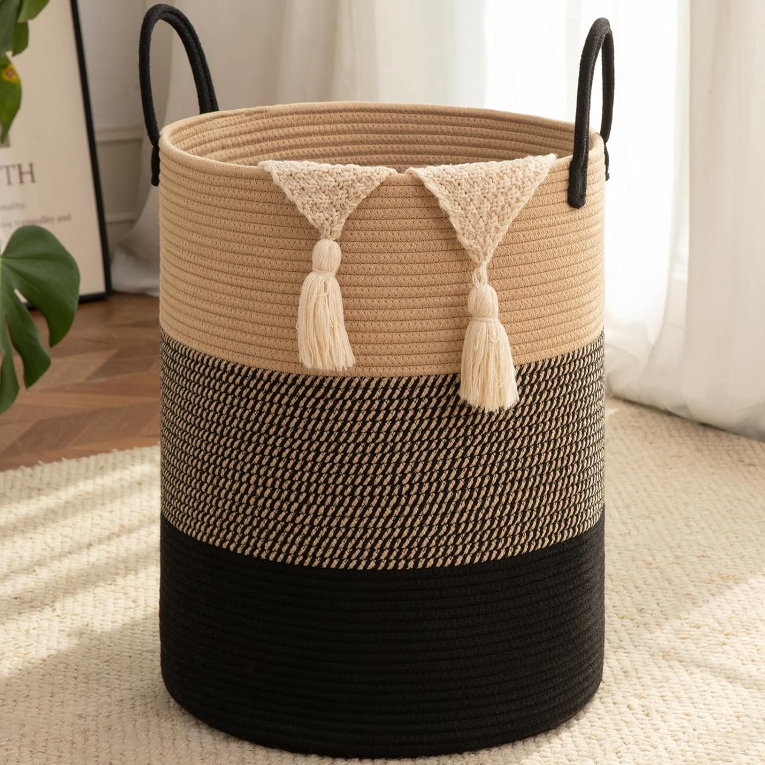 Laundry Basket, Woven Cotton Rope Laundry Hamper for Decor Storage of Dirty ClothesToys and Blankets in Bathroom, Baby Room and Living Room