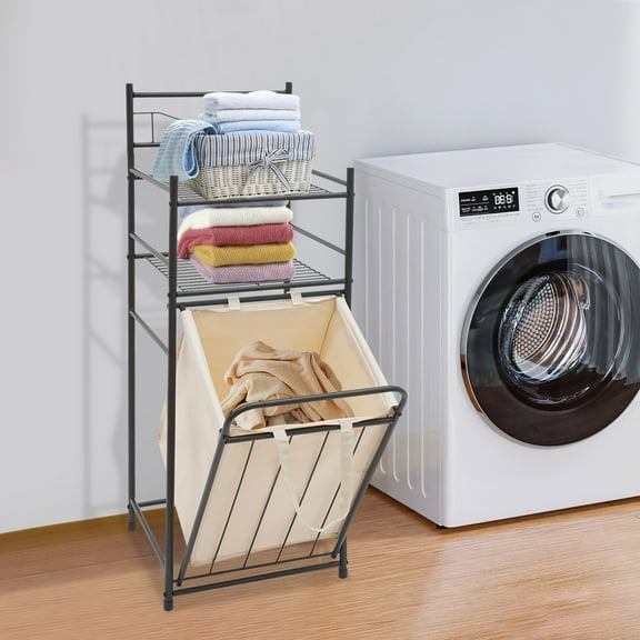 Laundry Basket with Shelf, Black & Off-White Modern Design, 3-Tier Grid Structure for Ventilation, Easy Assembly for Home and Hotel Use