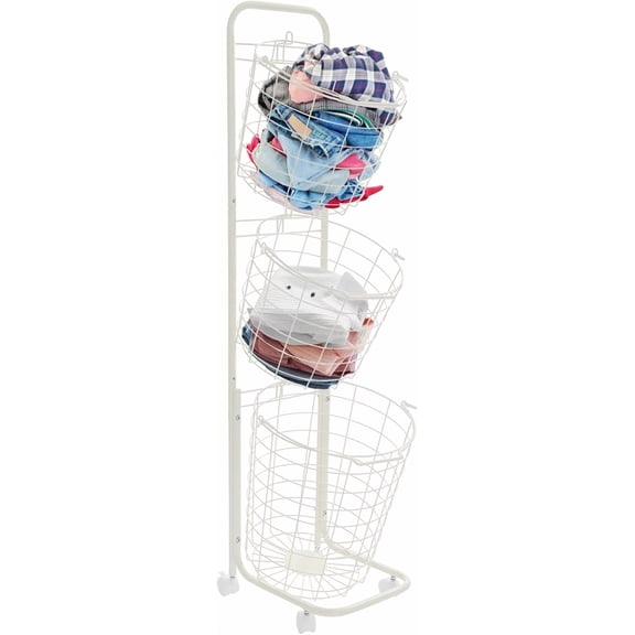 Laundry Basket with Wheels 3 Tier Rolling Laundry Hamper with 3 Removable Wire Basket Metal Laundry Cart for Room Organizer White