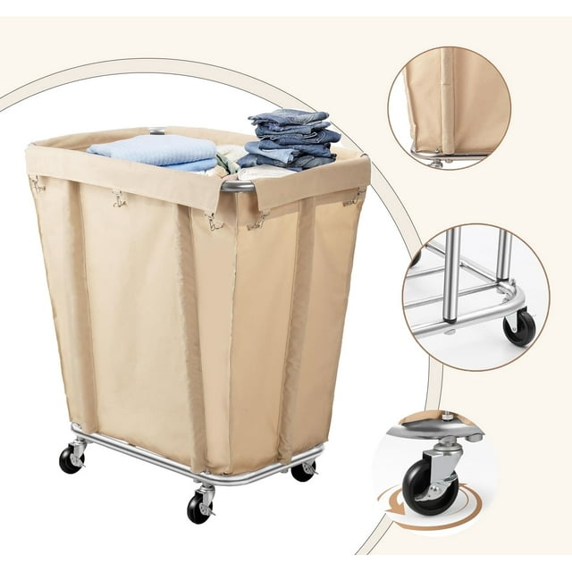 Laundry Basket with Wheels 320L Hotel Large Clothes Basket with Waterproof Oxford Basket and Sturdy Steel Frame Beige