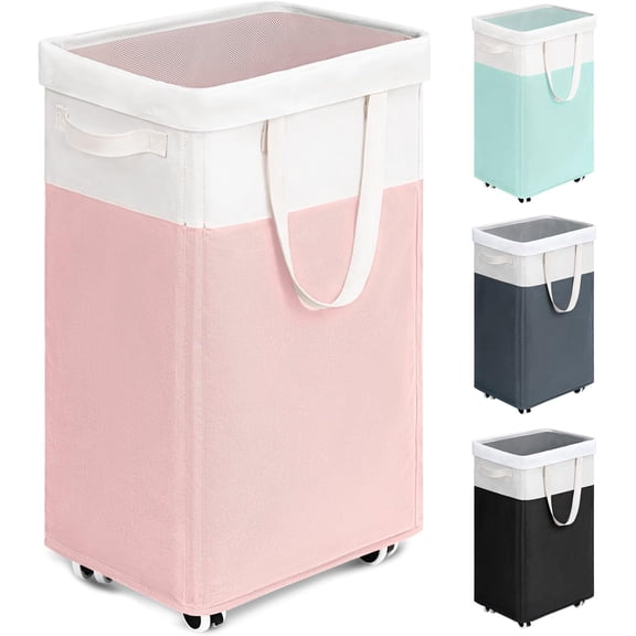Laundry Basket with Wheels, 75L Tall Clothes Hamper, Large Laundry Basket with Removable Wash Bag for Corner Dorm, Rolling Hamper, &White