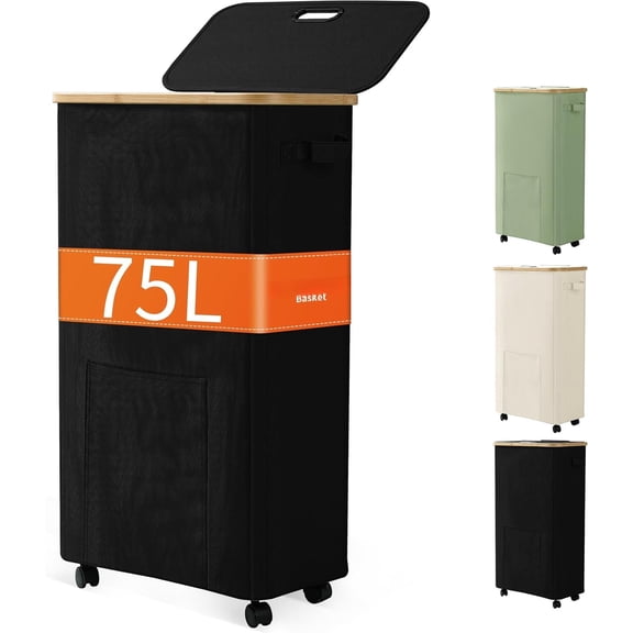 Laundry Basket with Wheels, Dirty Clothes Hamper  Wheels, Rolling Tall Laundry Hamper with lid for Laundry Room, Dorm and Bathroom, 75L Black
