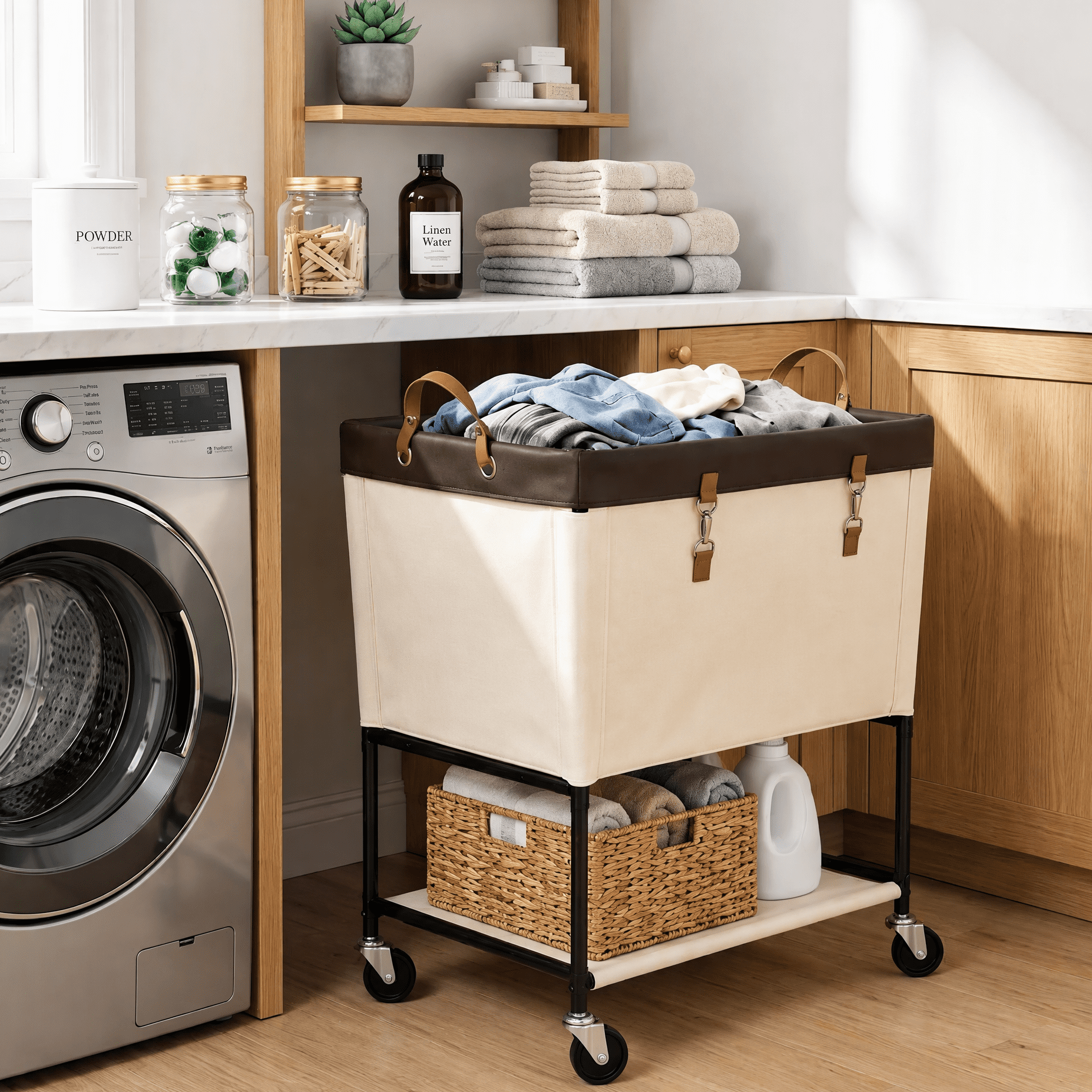 コーナー3点セット　DBR/WH Whitmor 3 Section Rolling Iron Laundry Sorters w/Removable Canvas