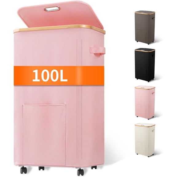 Laundry Basket with Wheels, Tall Dirty Clothes Hamper  Wheels, Rolling Laundry Hamper with lid for Dorm,  and Bathroom (, 100L)