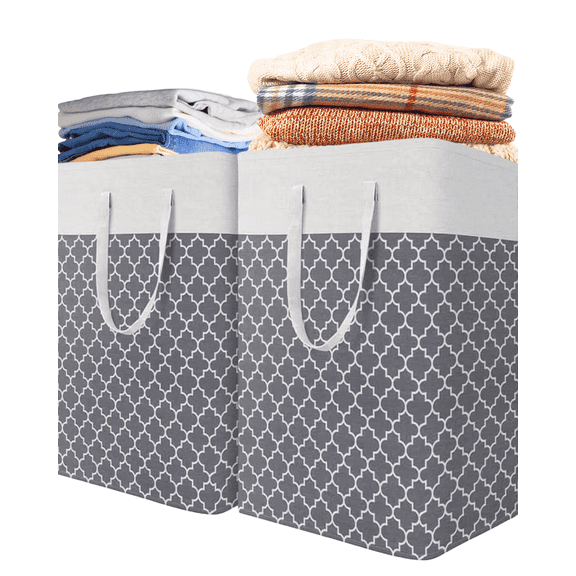 Laundry Basket, 2-Pack 75L Laundry Hamper with Long Handles, Collapsible Waterproof Clothes Hamper for Dorm Clothes Toy Storage, Grey