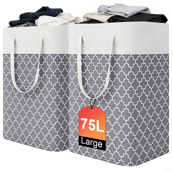 Laundry Basket, 2-Pack 75L Laundry Hamper with Long Handles, Collapsible Waterproof Clothes Hamper for Dorm Clothes Toy Storage, Grey