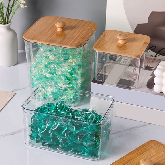 Laundry Beads Storage Box with Bamboo Cover Large Opening Acrylic Container Laundry Powder Beads Moisture Proof Organizer