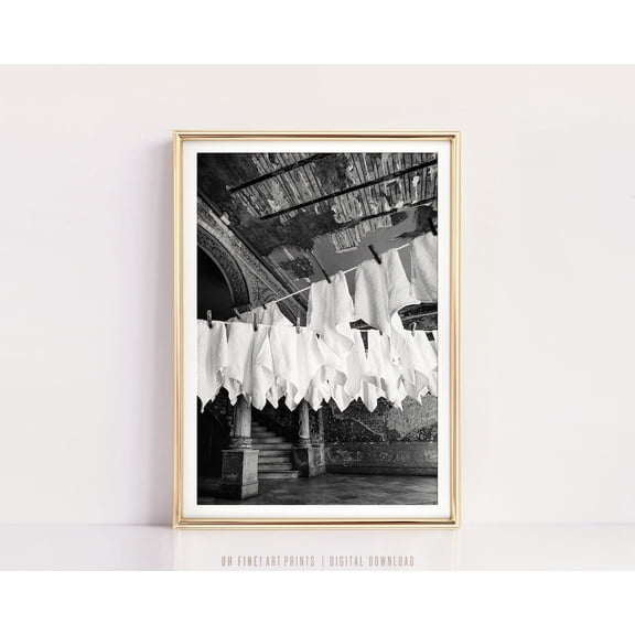 Laundry Black White Hanging Laundry Photo Poster Unframed Paper Print