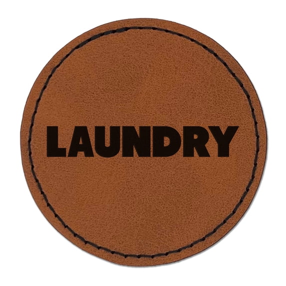 Laundry Bold Text 2.5" Faux Leather Round Engraved Iron-On Patch - Brown