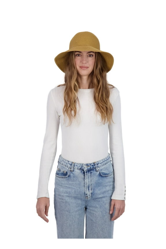 Women's Straw Cloche with Folded Back Bow, Almond