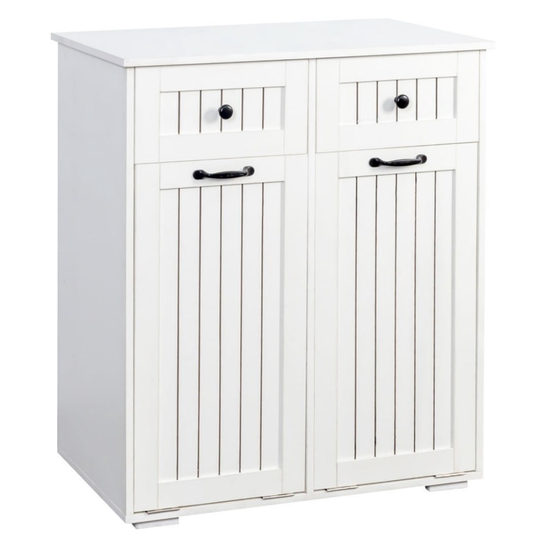 Laundry Cabinet with 2 Removable Baskets and 2 Drawers, Double Laundry Hamper with Sorting Compartments, Freestanding Storage Cabinet Organizer, White