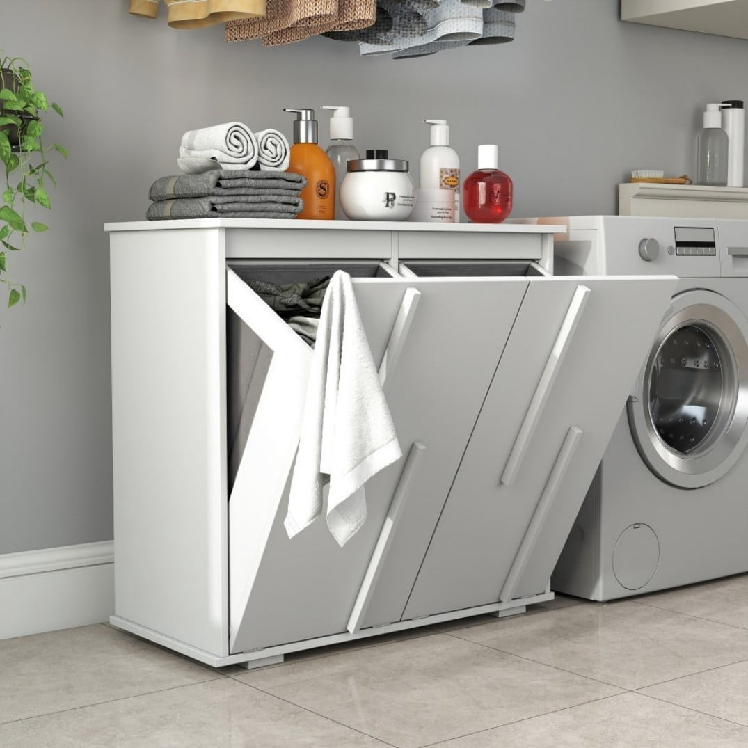 Laundry Cabinet with 2 Removable Liner Bags, Double Laundry Hamper with Sorting Compartments, Fluted Doors, Freestanding Laundry Storage Cabinet, White
