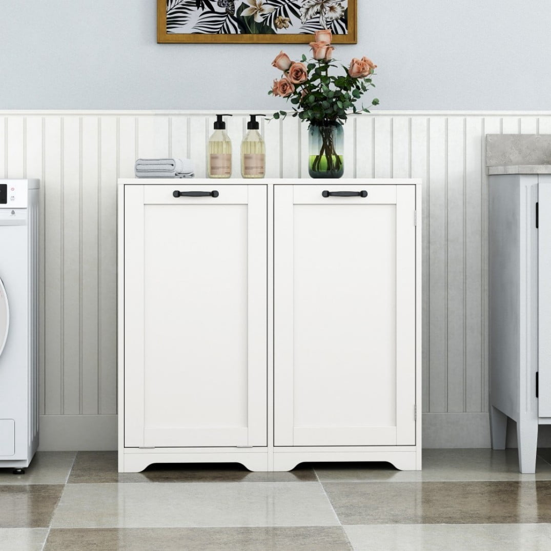Laundry Cabinet with Tilt-Out Hamper, Freestanding Storage Cabinet with Doors, 3-Tier Shelves and Adjustable Shelf, White Bathroom Organizer, White