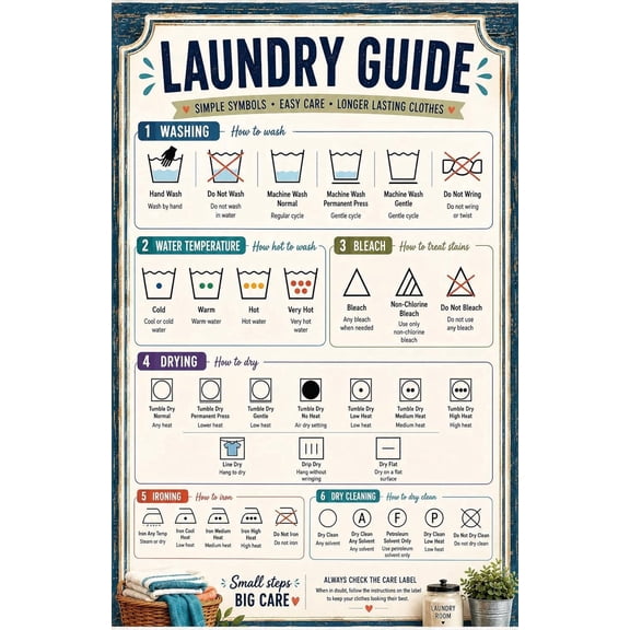 Laundry Care Symbols Chart & Fabric Wash Guide, 11 x 17 Laminated Poster | Complete care label reference with laundry symbols for washing, drying, ironing, bleach and dry cleaning