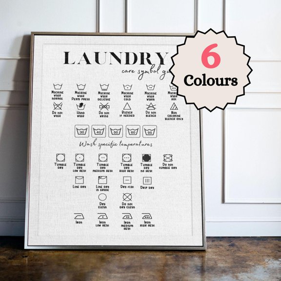 Laundry Care Symbols Guide Chart Utility Room Washing Instructions Guide Laundry Decorative Wall Art Poster , Poster Print Only