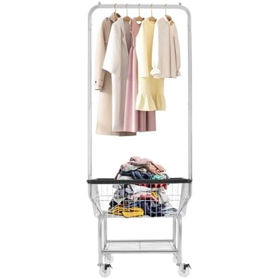 Laundry Cart with Hanging Rack 4-Bushel Rolling Laundry Hamper Basket Cart Metal Clothes Basket with Wheels Washing Hamper for Home Clothing Storage, Laundry Rooms, and Dry Cleaners
