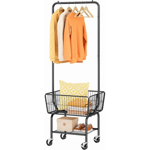 Laundry Cart with Hanging Rack, Metal Laundry Basket with Wheels, Laundry Hamper with Storage Basket and Shelf, Rolling Laundry Cart with Wheels, Black