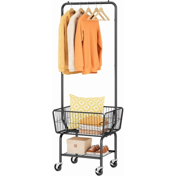 Laundry Cart with Hanging Rack, Metal Laundry Basket with Wheels, Laundry Hamper with Storage Basket and Shelf, Rolling Laundry Cart with Wheels, Black