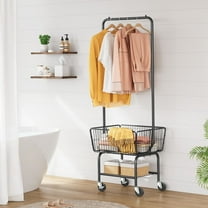 Laundry Cart with Hanging Rack, Metal Laundry Basket with Wheels, Laundry Hamper with Storage Basket and Shelf, Rolling Laundry Cart with Wheels, Black