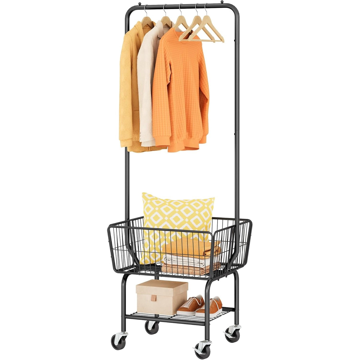 Laundry Cart with Hanging Rack, Metal Laundry Basket with Wheels ...