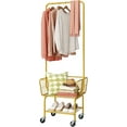 thumbnail image 1 of Laundry Cart with Wheels, Metal Rolling Laundry Hamper with Hanging Rack, Storage Basket and Shelf, Gold, 1 of 14