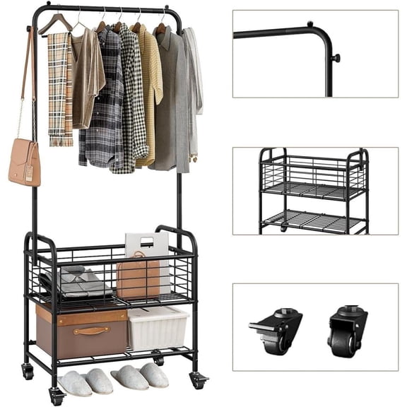 Laundry Cart with Hanging Rack, Metal Laundry Basket with Wheels, Laundry Hamper with Storage Basket And Shelf, Rolling Laundry Cart with Wheels, Laundry Baskets, Black