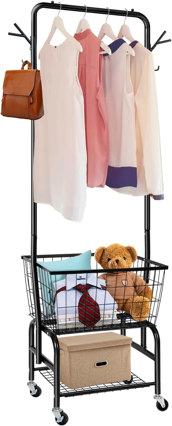 Black Metal Rolling Laundry Cart with Hanging Rack
