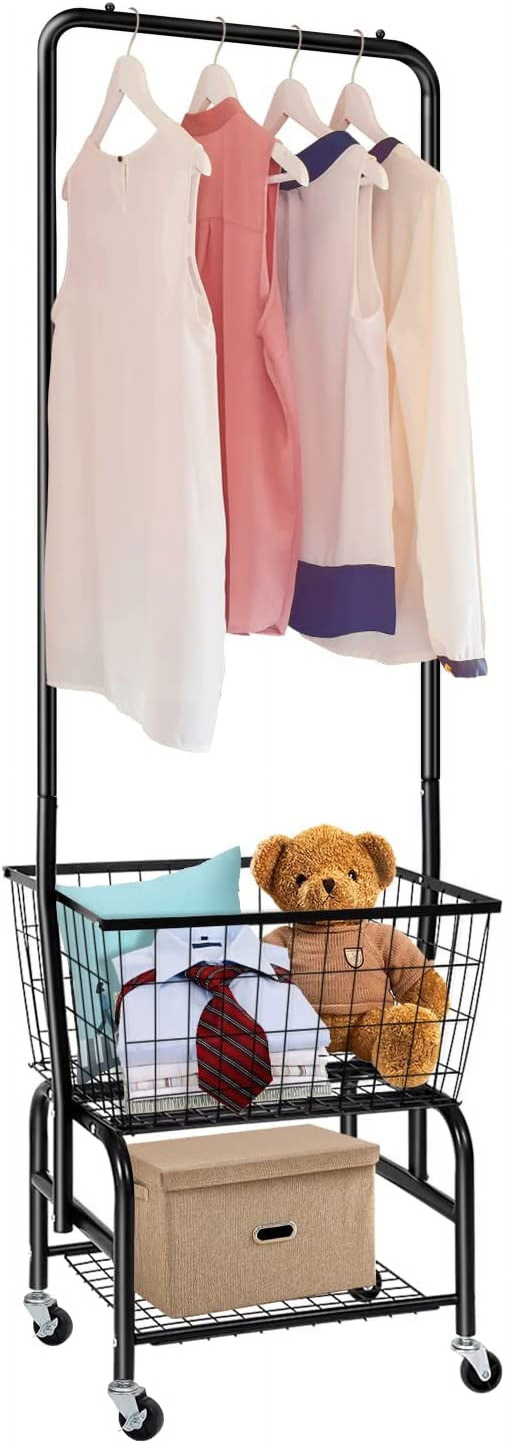 Laundry Cart with Wheels and Hanging Rack Rolling Laundry Basket with