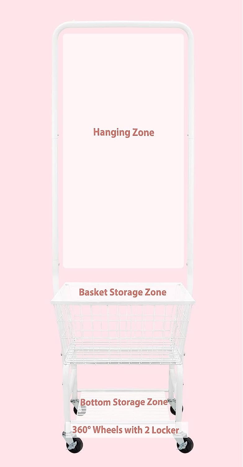 Laundry Cart with Wheels and Hanging Rack Rolling Laundry Basket with