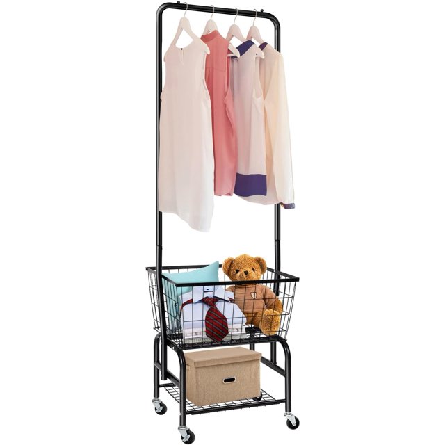 Laundry Cart with Wheels and Hanging Rack, Rolling Laundry Basket with