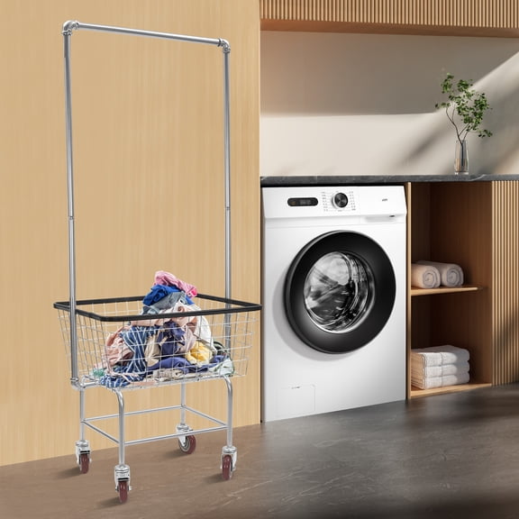 Laundry Cart on Wheels Heavy Duty 110lb Capacity Steel Wire Laundry Basket with Removable Bin, 4" Nylon Casters (2 Locking), Rolling Hamper for Hotel Home Commercial Laundry Room (Black)