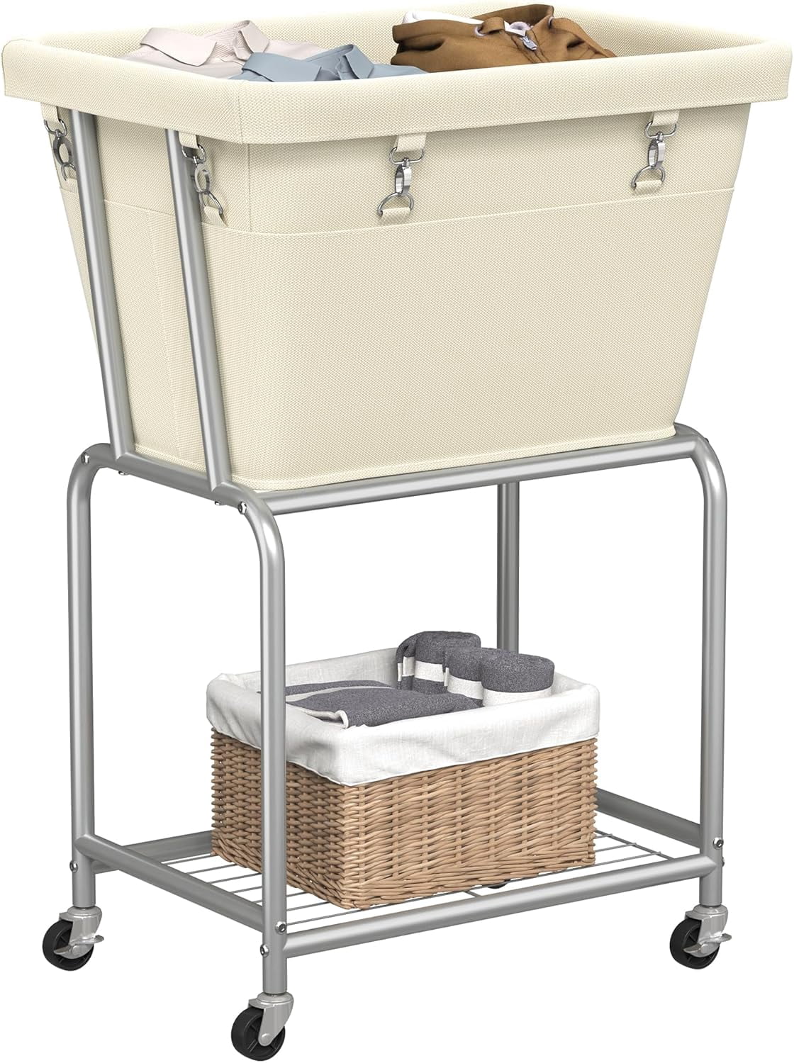 Rolling Laundry Hamper with Wheels, Laundry Cart with Removable Bag, Heavy Duty Metal Frame, 2-Tier Clothes Basket Hamper with Shelf for Closet, Bedroom, Bathroom, Laundry Room, Cream