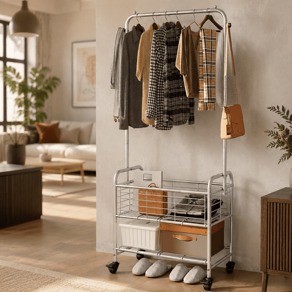 Laundry Cart With Basket Hanging Rack Sorter Wheels Shelf